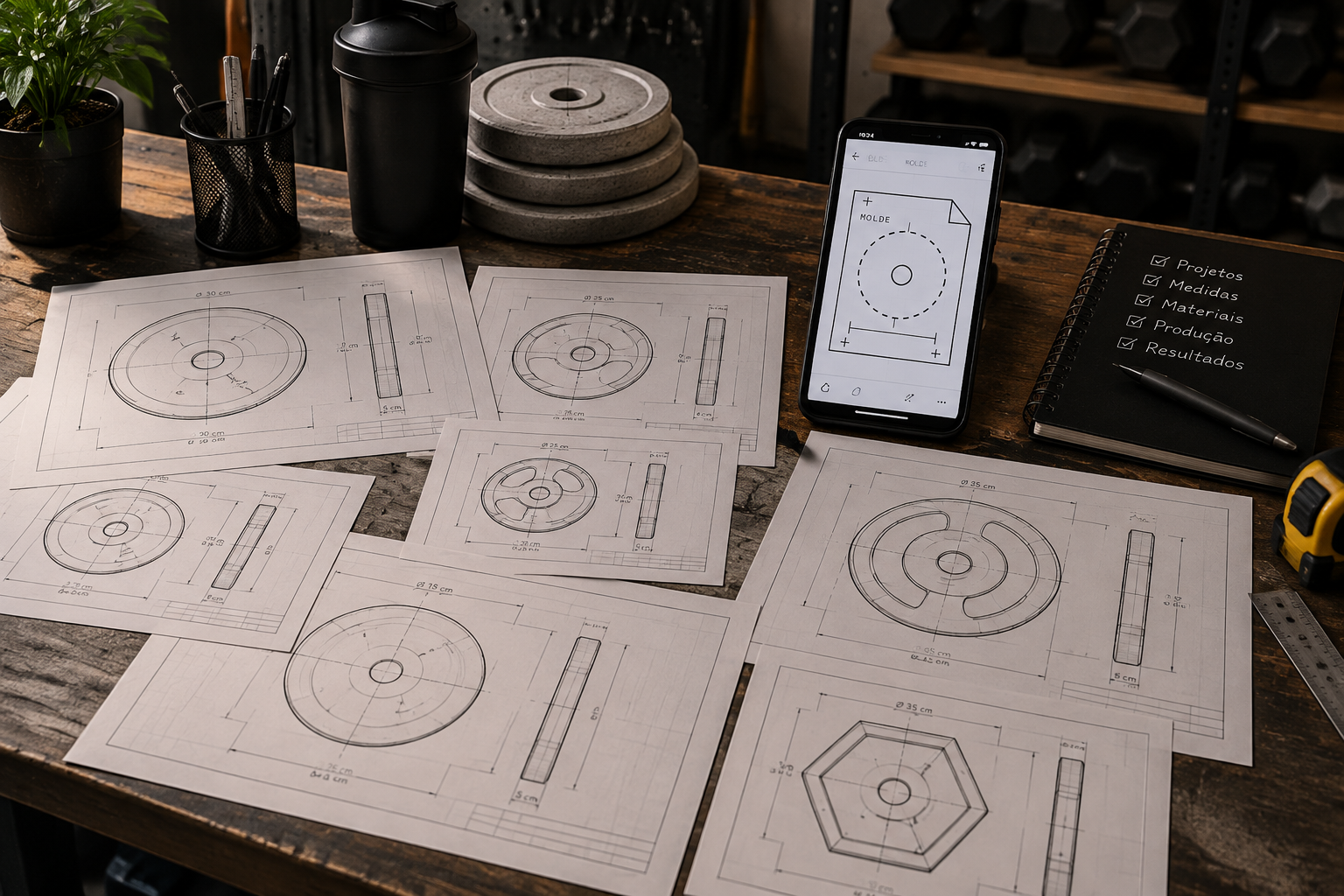 Folhas impressas com desenhos técnicos de anilhas e medidas
